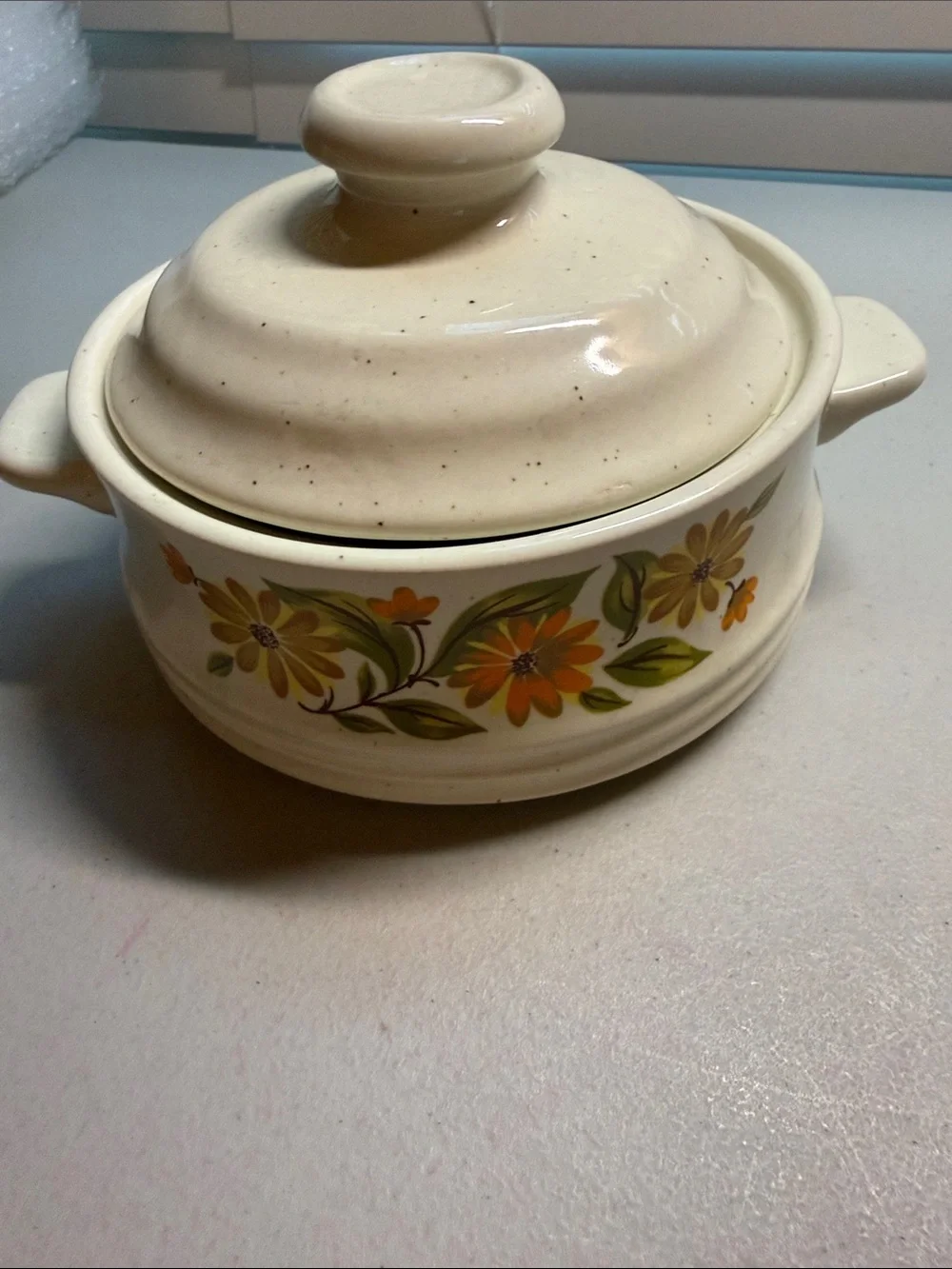 Vintage Capri Cream Stoneware Casserole Dish with Orange Floral Pattern